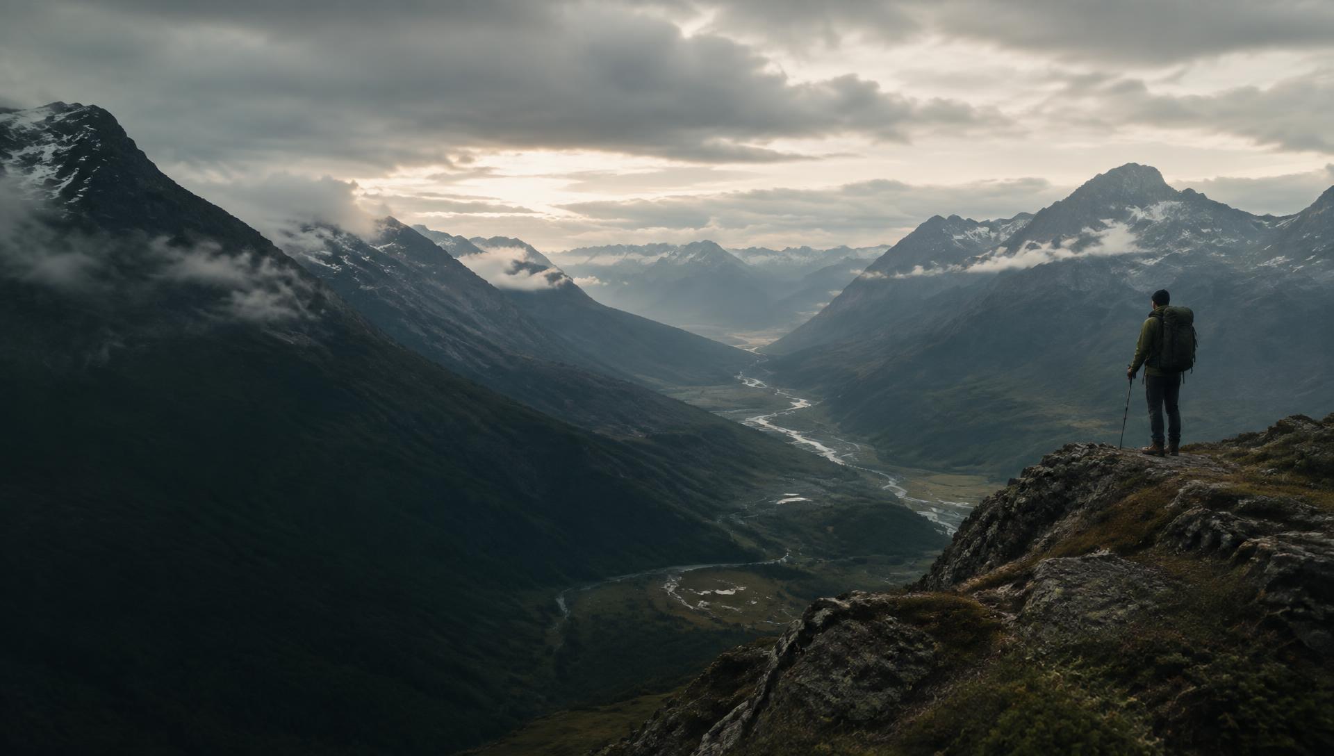 A lone expedition traveler overlooking a remote mountain valley